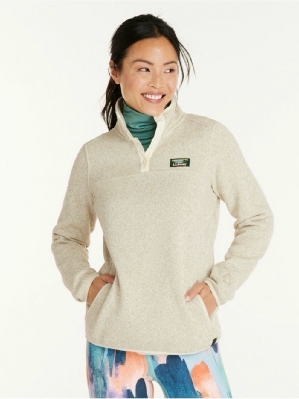 L.L.Bean Cream Snap-Front Quarter Zip Fleece Pullover